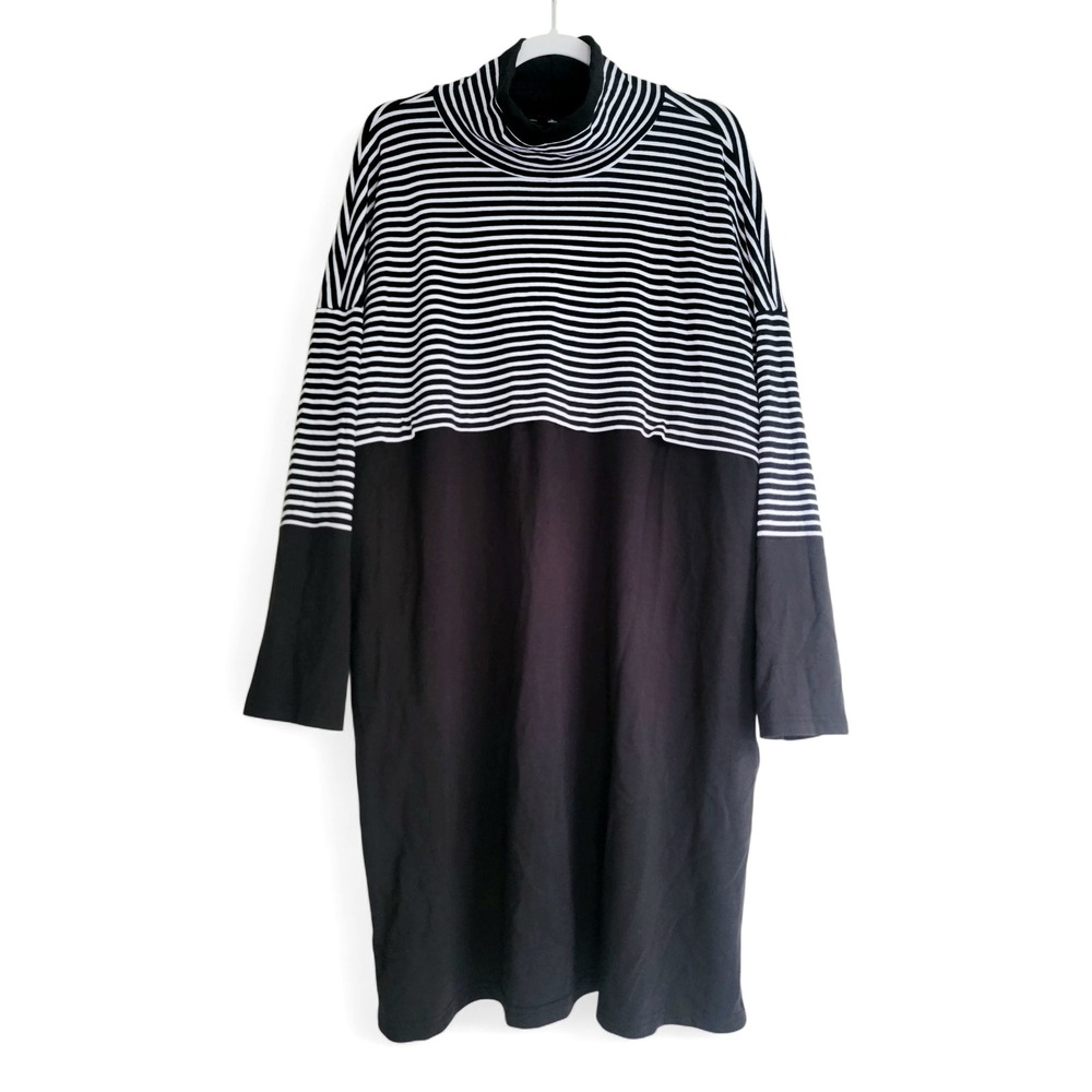 Lisa Bayne Black White Striped High Neck Long Sleeves Casual Dress w/ Pockets XL